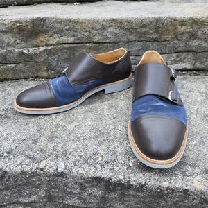 Men's Dark Brown Leather & Blue Suede Double-Monk Oxfords
